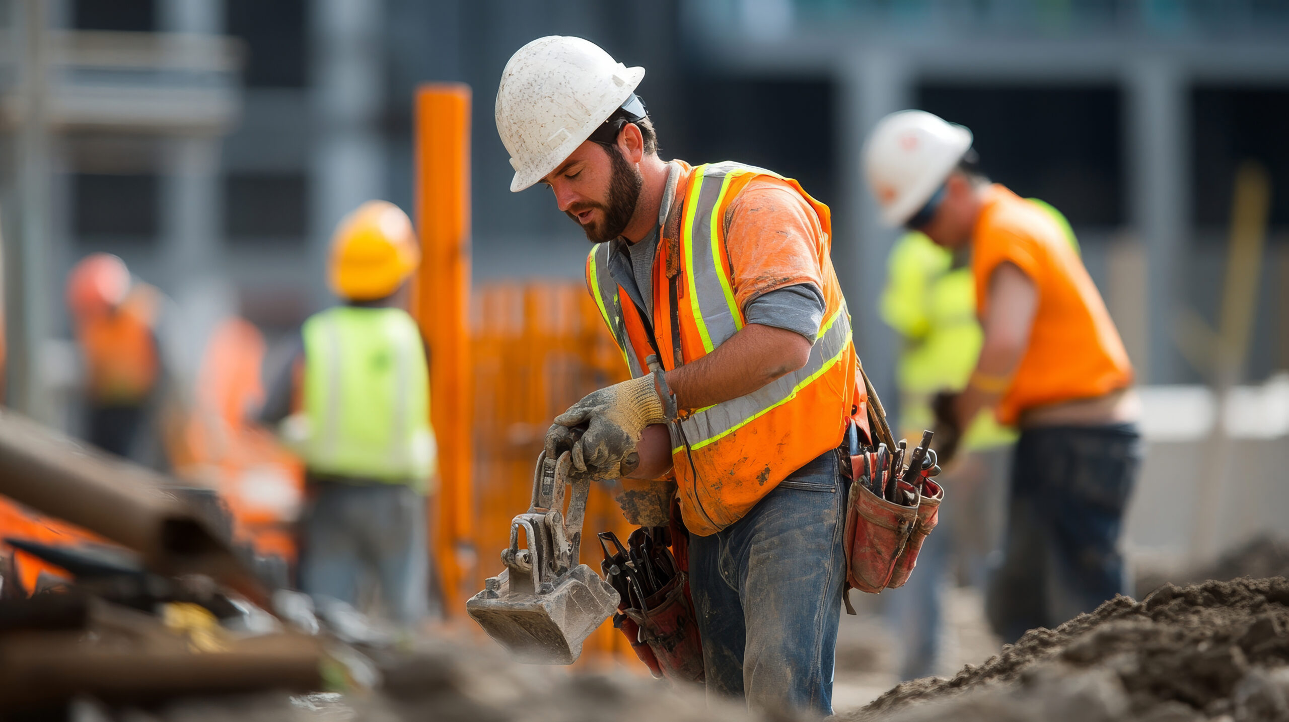 Construction Worker with Tool Belt working with a saw on a steel beam.