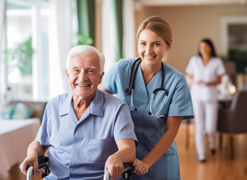 A smiling healthcare worker stands behind an elderly man in a wheelchair, both wearing light blue uniforms in a medical facility, symbolizing care and financial stewardship in federally qualified healthcare centers.