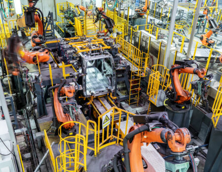 Car production line of the robot Modern car production line, is working in the robot