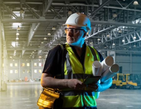 Construction Company Transition Planning_featured image A construction professional in a hard hat and safety vest holds blueprints and a tablet inside a large industrial facility, symbolizing strategic transition planning for construction company owners.