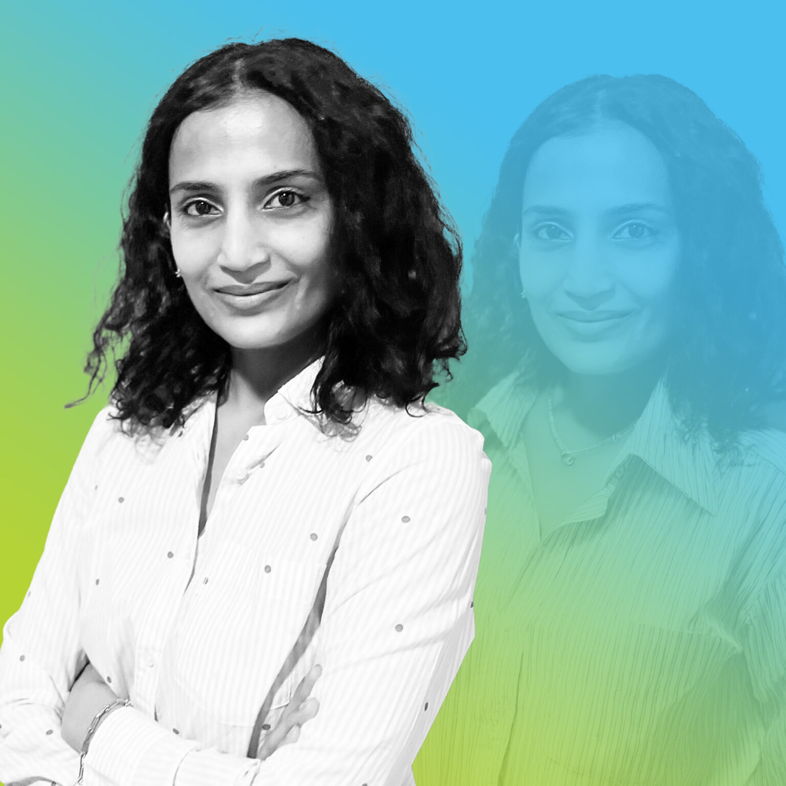 Professional headshot of Sonali Danak with blue to green gradient overlay.