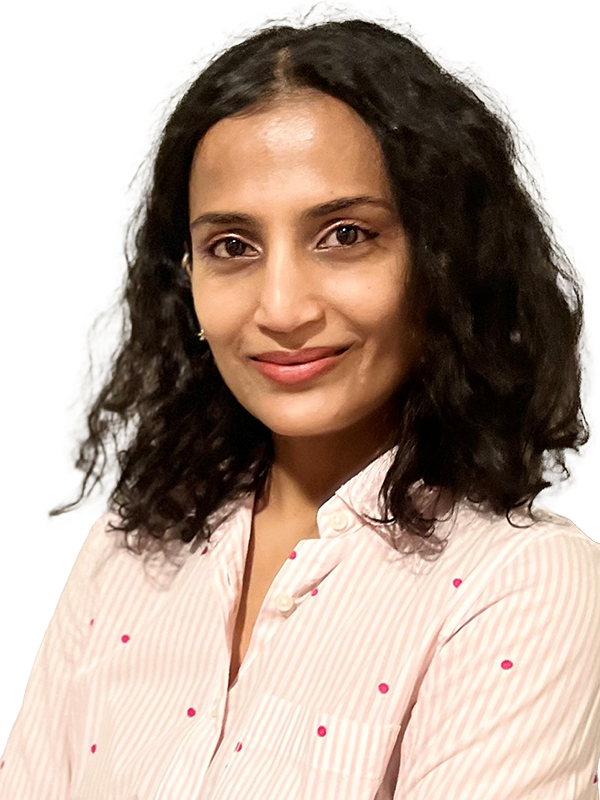 Professional headshot of Sonali Danak with blue to green gradient overlay.