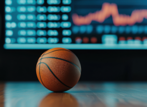 A basketball rests on a hardwood court with a digital financial chart displayed in the background, symbolizing the intersection of athletics and revenue management.