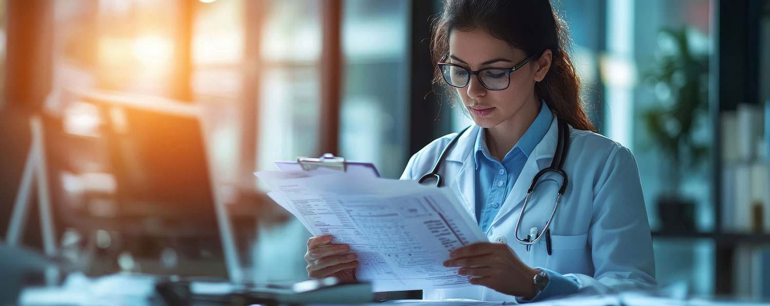 AdobeStock_1234394920-1500 A doctor reviewing notes on a medical charter