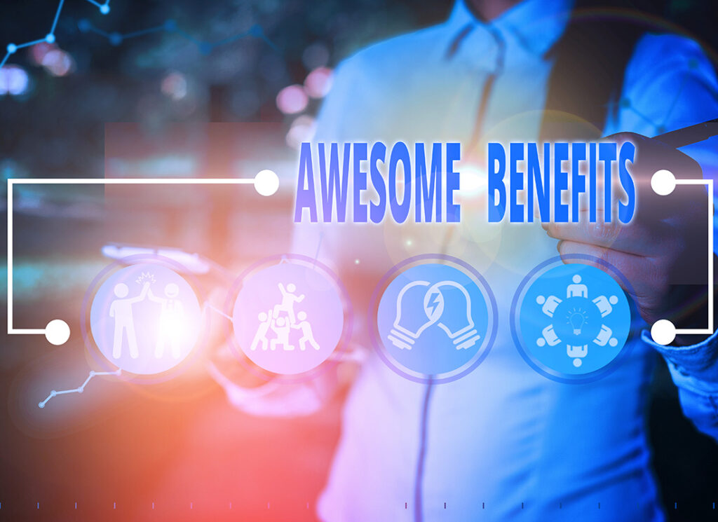 Writing note showing Awesome Benefits. Business concept for informal an advantage or something extra such as money—Next-Gen Benefits: Elevating Your Company’s Competitive Advantage