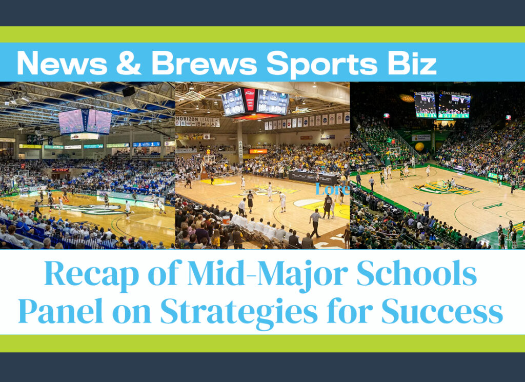 News & Brews Sports Biz Podcast graphic for April 2025 episode. Image has images of basketball arenas for FGCU, George Mason and Valpo.