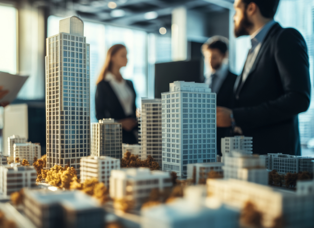 A group of real estate professionals in business attire stand around a detailed architectural model of a cityscape, representing planning and administration in real estate fund management.