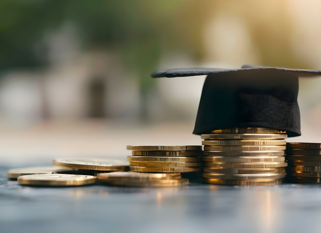 A graduation cap sits atop stacked gold coins, symbolizing the connection between higher education foundations and financial support.