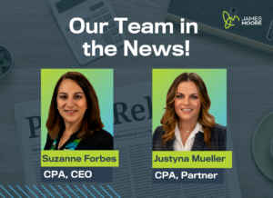 Headshots of Suzanne Forbes, CPA, CEO, and Justyna Mueller, CPA, Partner, appear above a newspaper background with the headline 