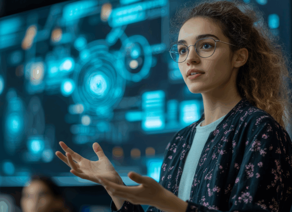 A young woman with glasses gestures while speaking in front of a large digital screen displaying data visualizations, representing generative AI in the future of fundraising in college sports.