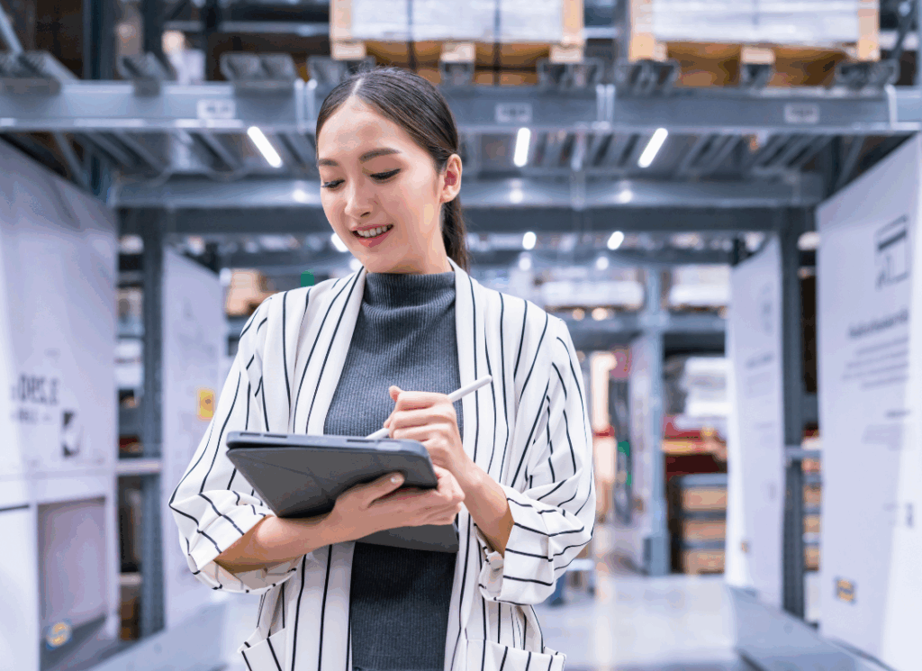 A manufacturing CFO in a striped blazer holds a tablet and stylus while standing in a warehouse.