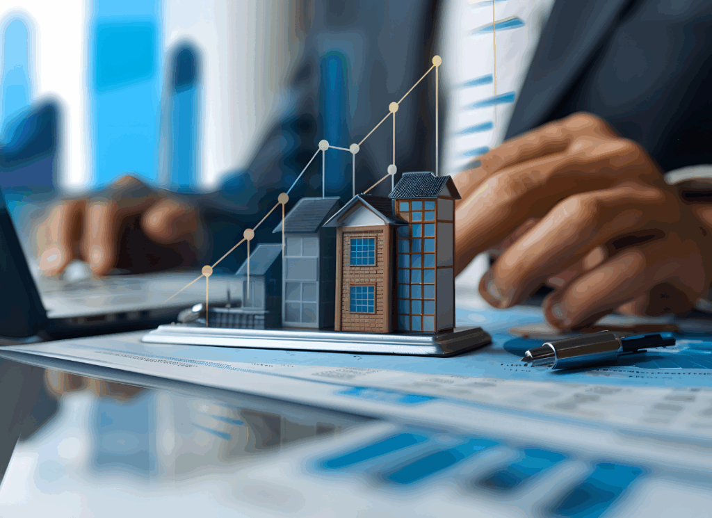 A miniature row of real estate buildings sits atop financial documents, with a rising graph overlay, symbolizing a real estate chart of accounts.