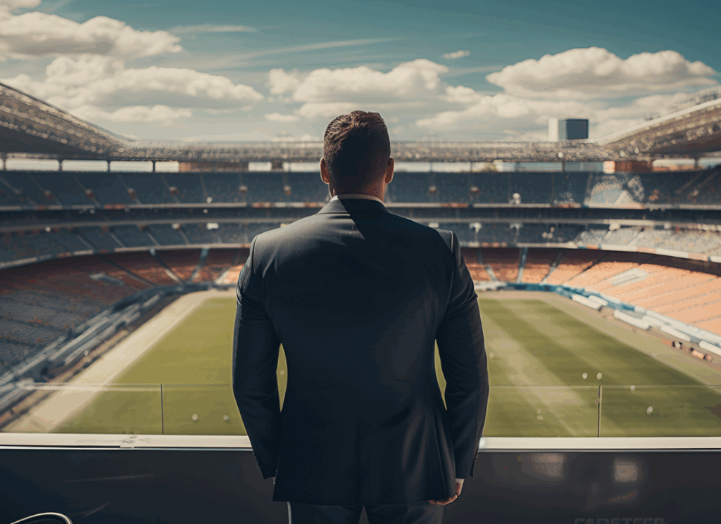 A college athletics general manager in a dark suit standing in a stadium suite, overlooking an empty football field under a bright sky.