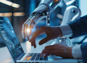 GenAI at Work Secure Smart & People-Ready. Human and robotic hand working together on a laptop. Collaboration between AI and humans.