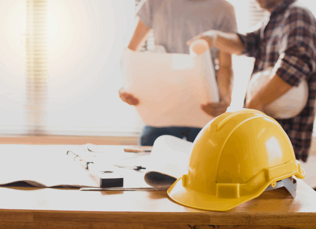 A yellow construction hard hat sits on a desk covered with blueprints and measuring tools, while two workers in the background review project plans and performance benchmarks for construction companies.