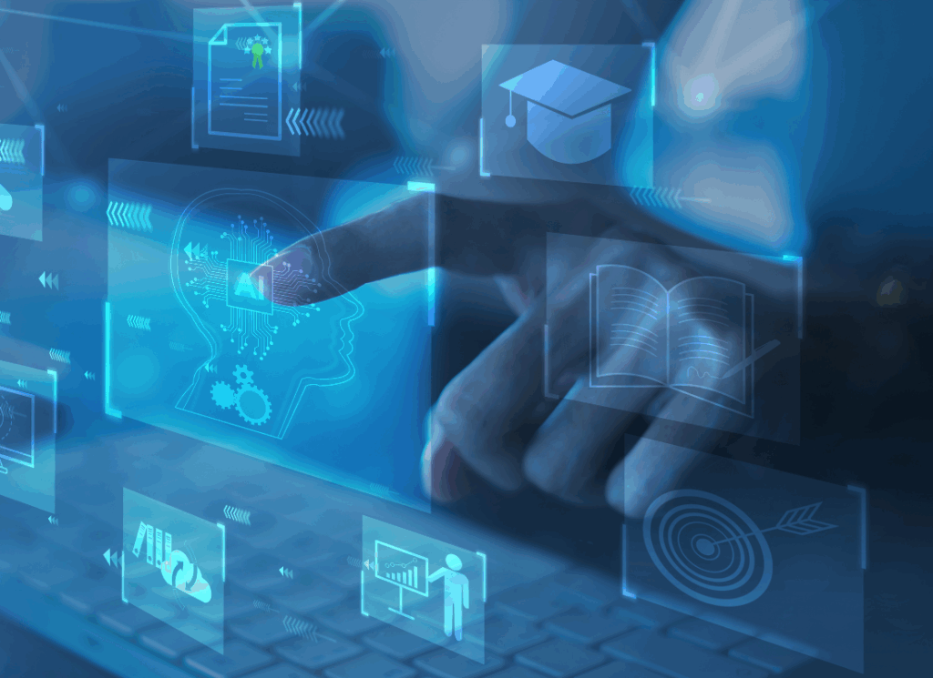 A hand interacts with a digital interface displaying glowing blue icons related to artificial intelligence and finance, representing the use of generative AI in government finance.