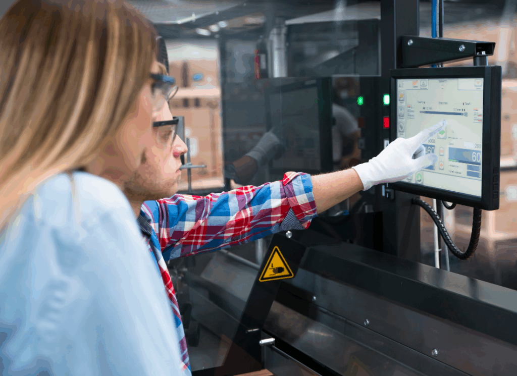 Two workers monitor and adjust settings on a touchscreen control panel in a manufacturing facility, representing the use of technology to improve manufacturing efficiency.