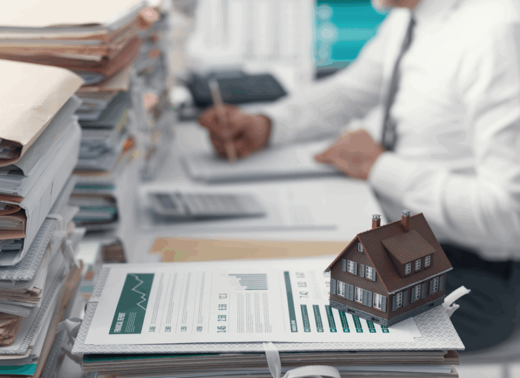 Stacks of financial documents and a miniature house sit on a desk as a professional works on bookkeeping for property management companies.