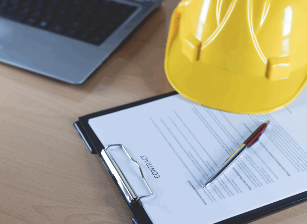 A yellow construction hard hat rests on a clipboard with a contract and pen, next to a laptop, symbolizing the fundamentals of accounting for construction contracts.