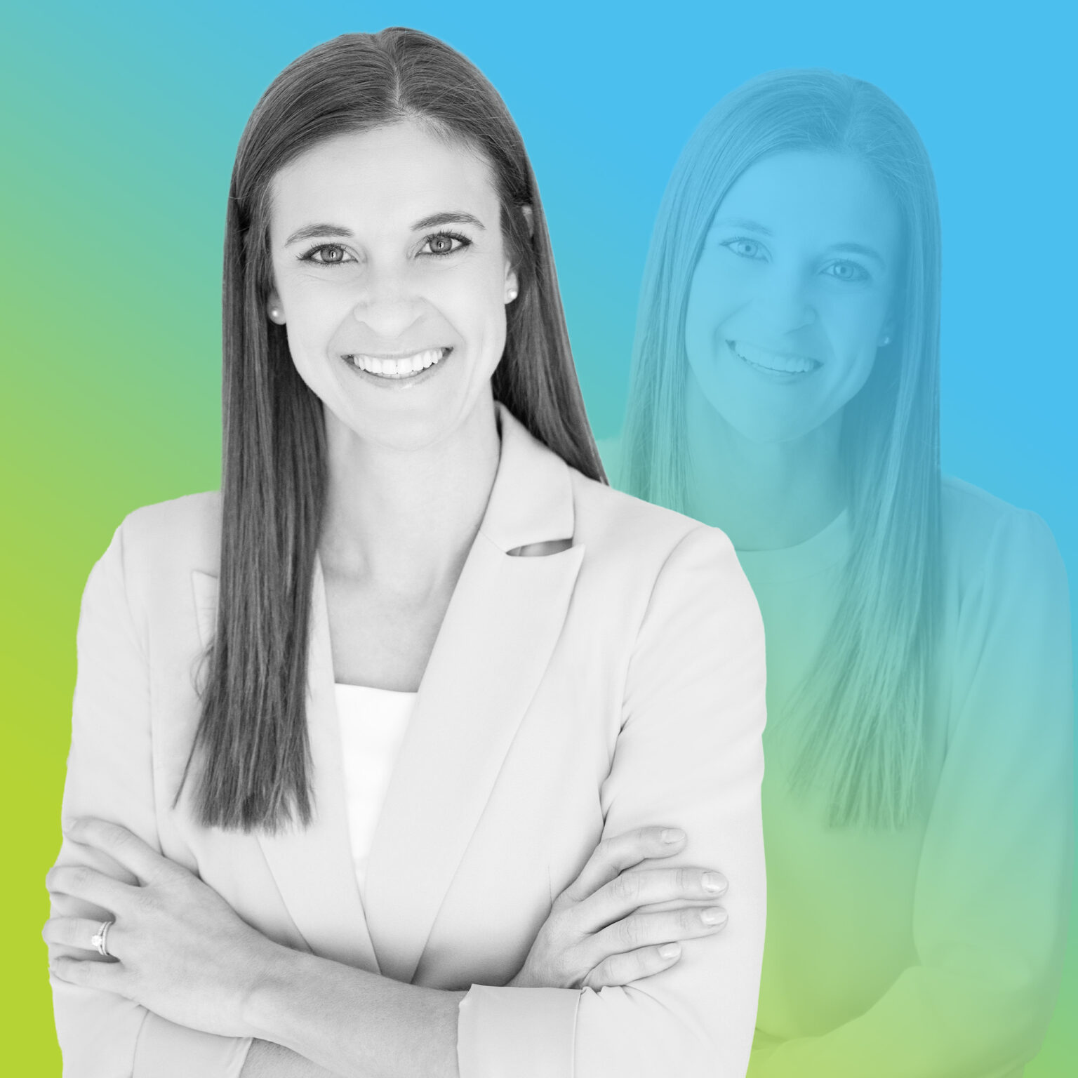 Professional headshot of Beth West in blue to green gradient overlay.
