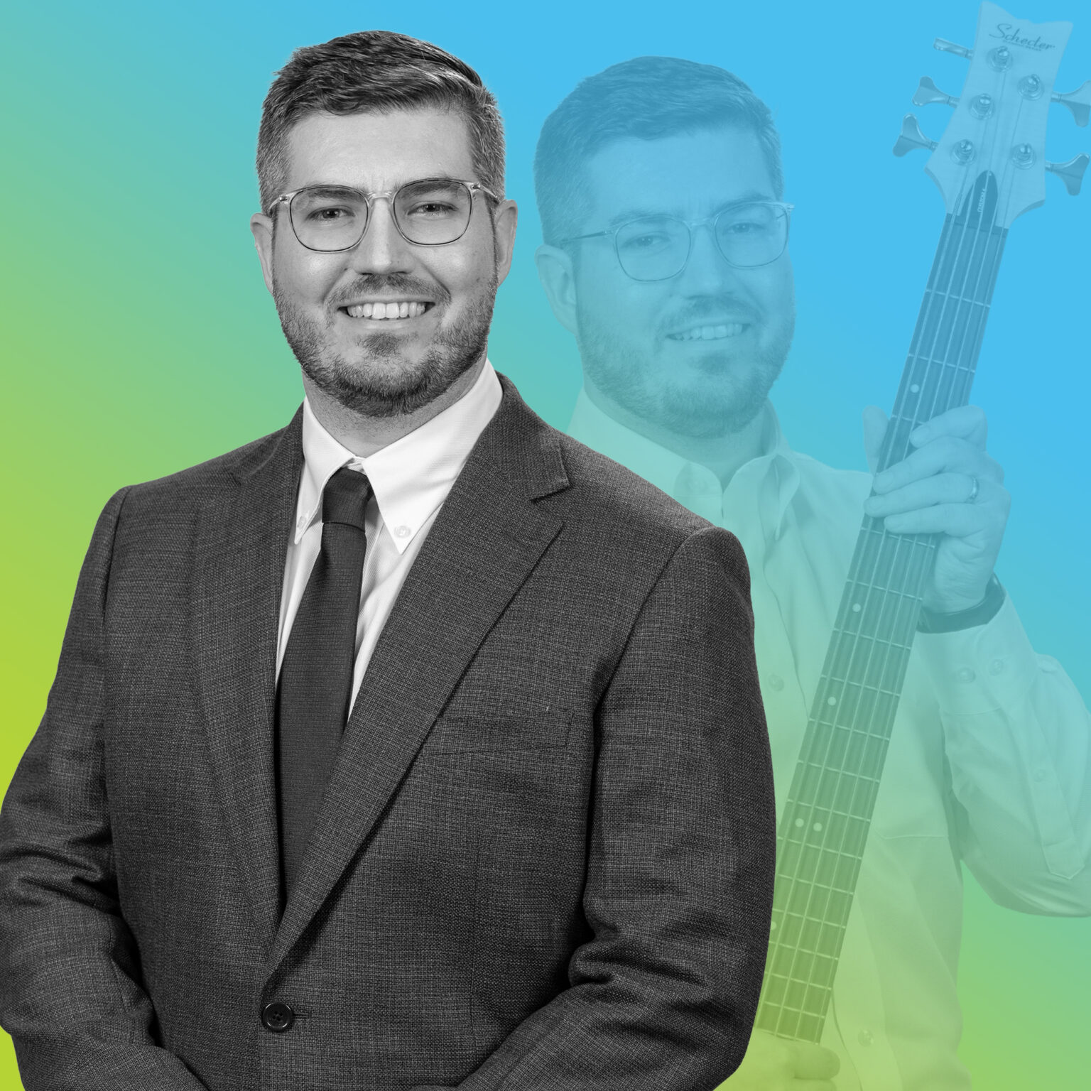 Professional headshot of Caleb Brogan in blue to green gradient overlay.