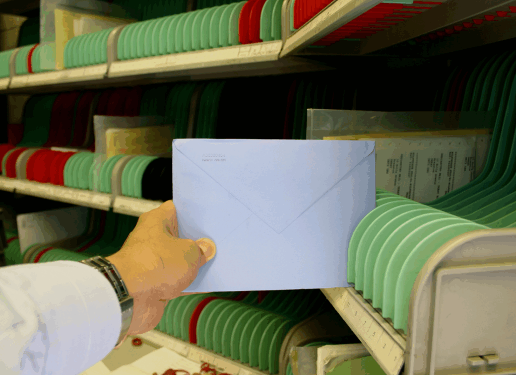A person holds a blue envelope in front of a mail sorting system with labeled slots, representing mail management solutions for U.S. companies operating from abroad.
