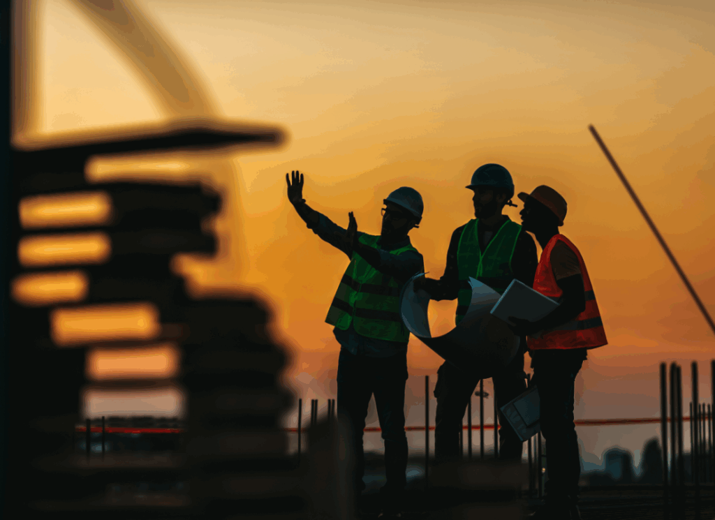 Three workers discuss construction accounting methods while wearing safety vests and hard hats at a job site.
