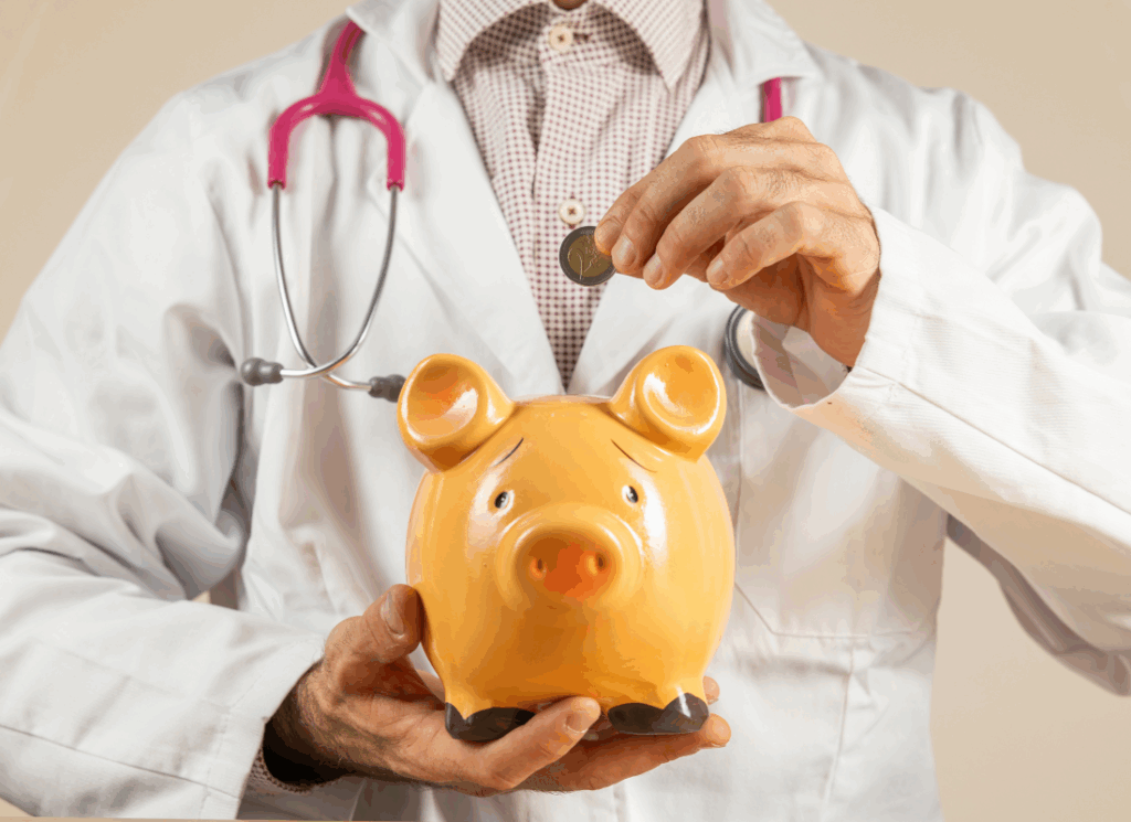 A doctor in a white coat with a stethoscope places a coin into a piggy bank, symbolizing savings, budgeting, and strategic financial planning for medical practice financing.