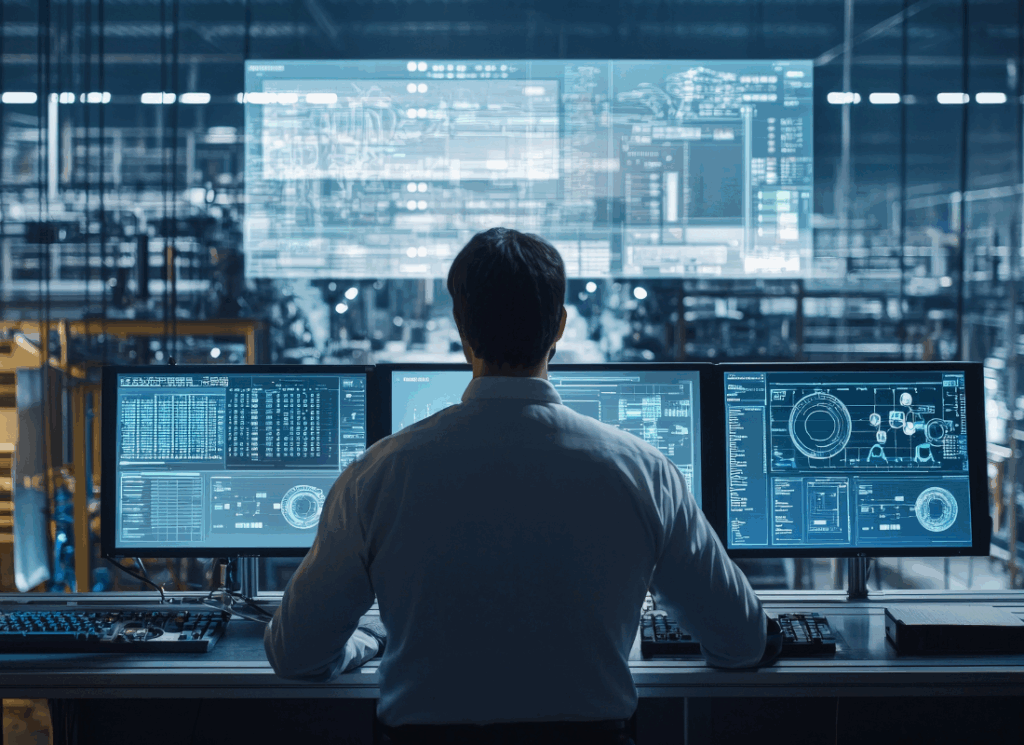 A man sits at a control station with multiple monitors displaying data and digital schematics, overlooking a manufacturing floor, representing efforts to improve production efficiency.