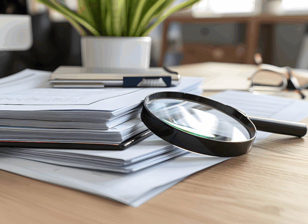 A magnifying glass rests on a stack of documents and folders on a desk, symbolizing close review and analysis of IRS technical guides for higher education finance.