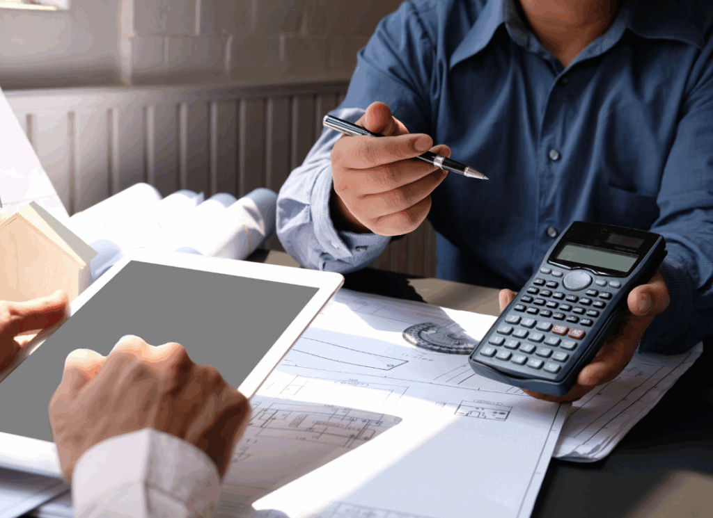 Two construction professionals review blueprints and financial data using a calculator and tablet, illustrating the importance of accurate construction job costing methods in project planning.