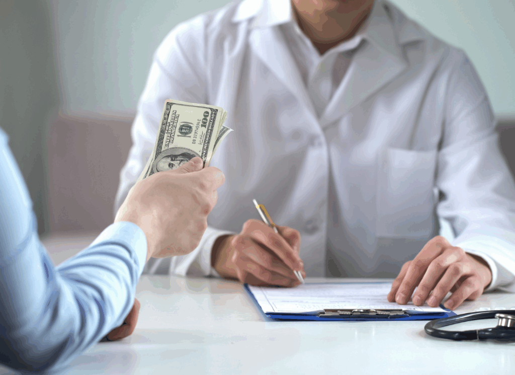 A person hands cash to a doctor seated at a desk with a clipboard and stethoscope, representing financial discussions tied to physician compensation models in healthcare.