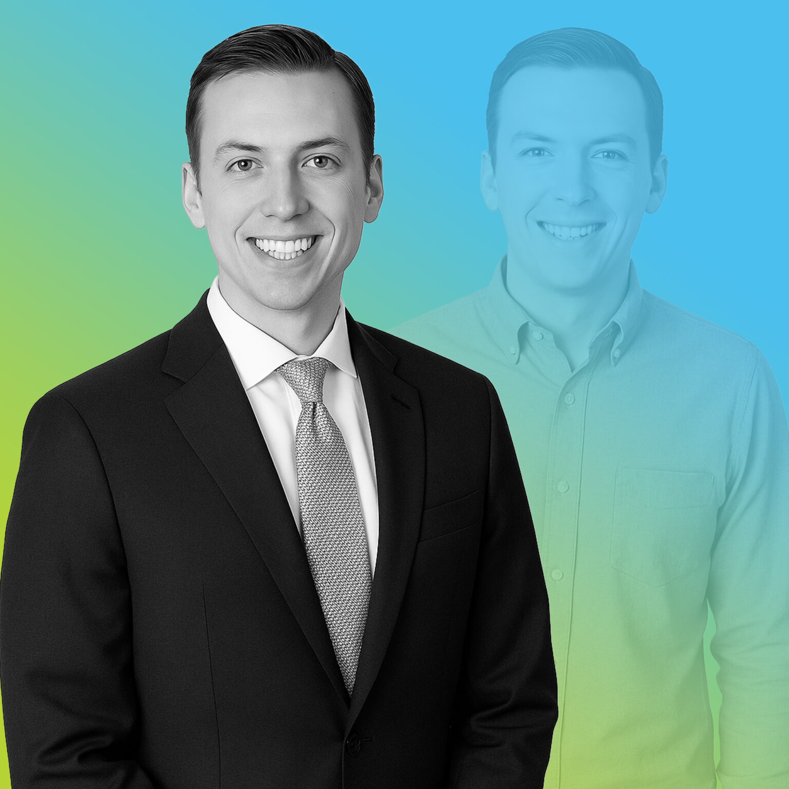 Professional headshot of Samuel Purdy in blue to green gradient overlay.