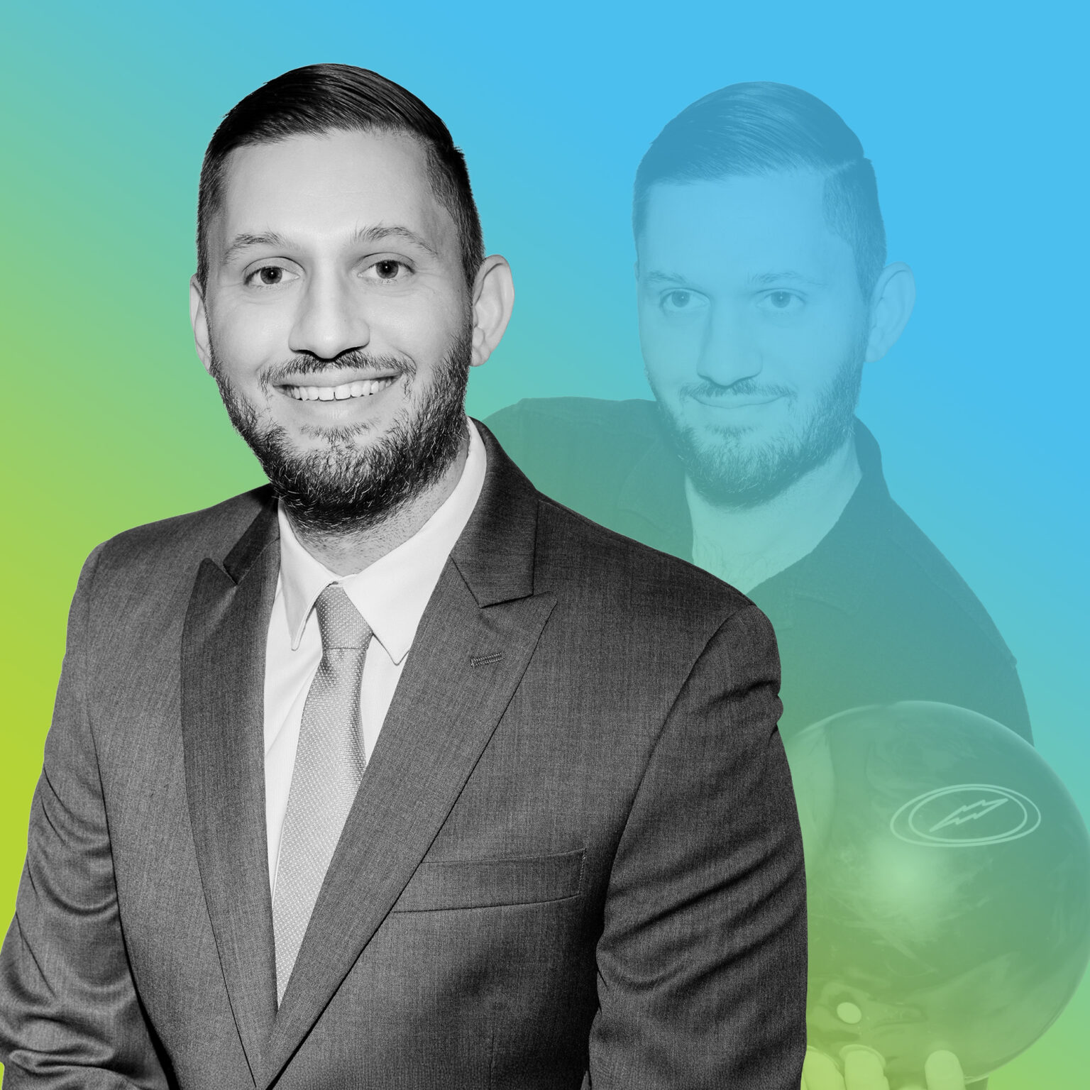 Professional headshot of Sean Sarkissian with blue to green overlay gradient.