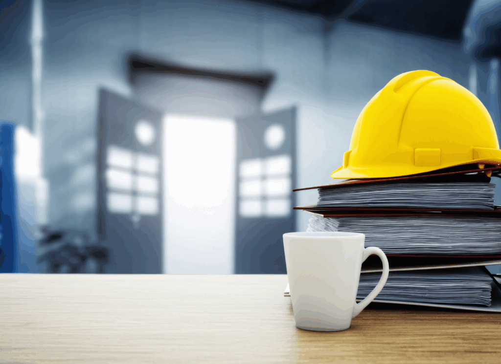 A yellow hard hat rests on top of stacked cost forecasting reports next to a coffee mug in a construction office,