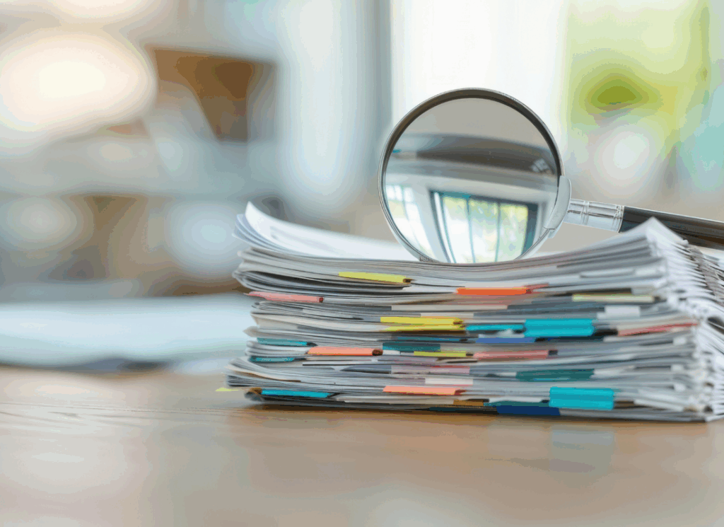 A magnifying glass rests on top of a large stack of documents with colorful tabs, representing detailed review and preparation for nonprofit audit readiness.