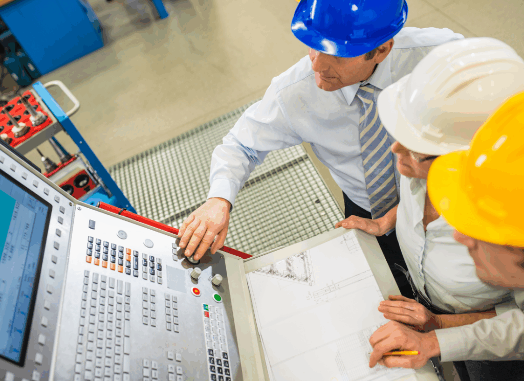 Three professionals wearing hard hats review engineering plans and operate a control panel in a manufacturing facility, representing operational excellence as part of a finance strategy.