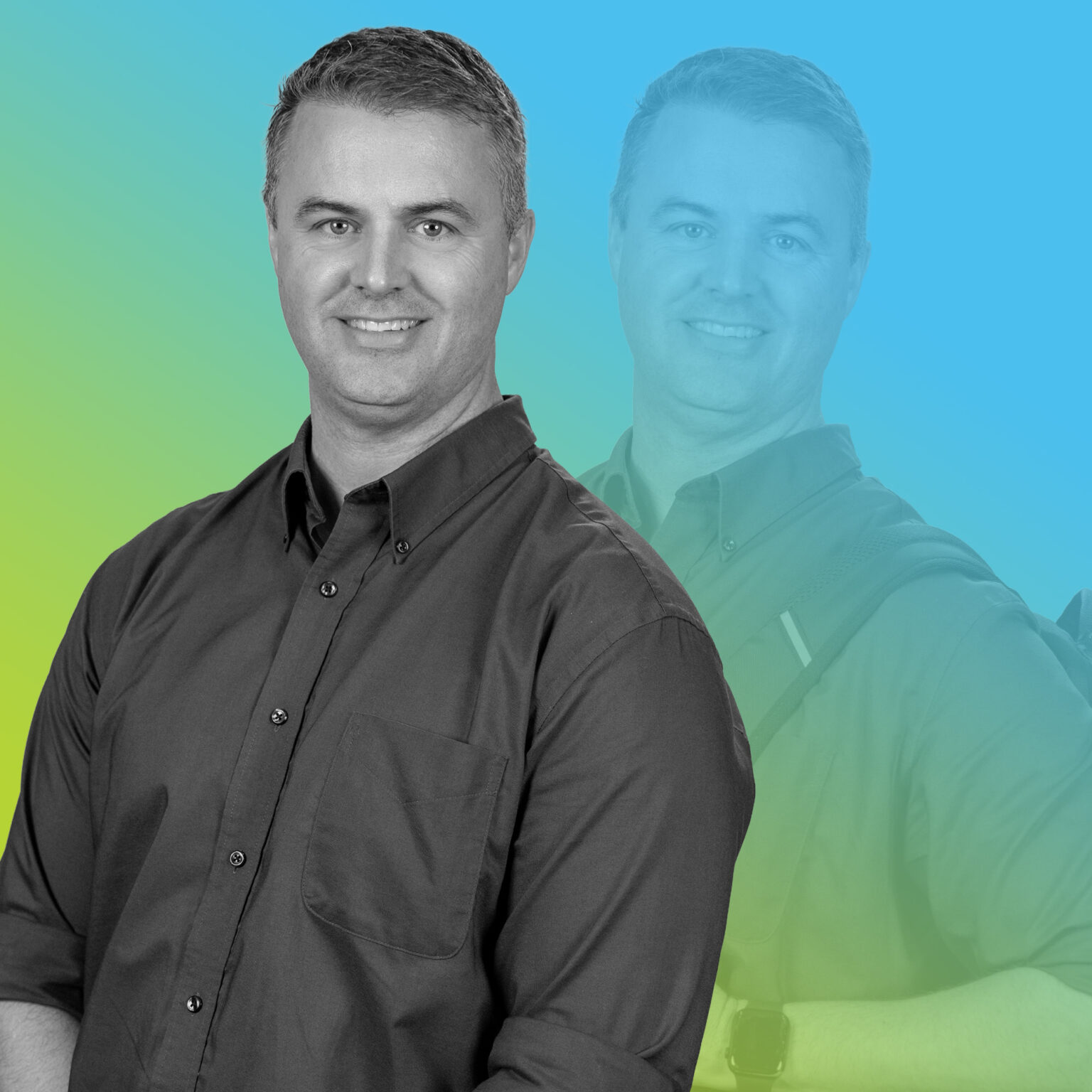 Professional headshot of Zach Hicken in blue to green gradient overlay.