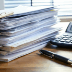 A large stack of paper documents clipped with metal binders sits next to a calculator and pen on a desk, symbolizing audit requirements for nonprofits.