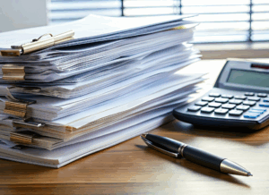 A large stack of paper documents clipped with metal binders sits next to a calculator and pen on a desk, symbolizing audit requirements for nonprofits.