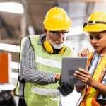 Two manufacturing workers wearing safety gear review production data on a tablet in a factory setting, highlighting strategies for unlocking working capital in manufacturing.