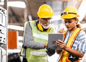 Two manufacturing workers wearing safety gear review production data on a tablet in a factory setting, highlighting strategies for unlocking working capital in manufacturing.
