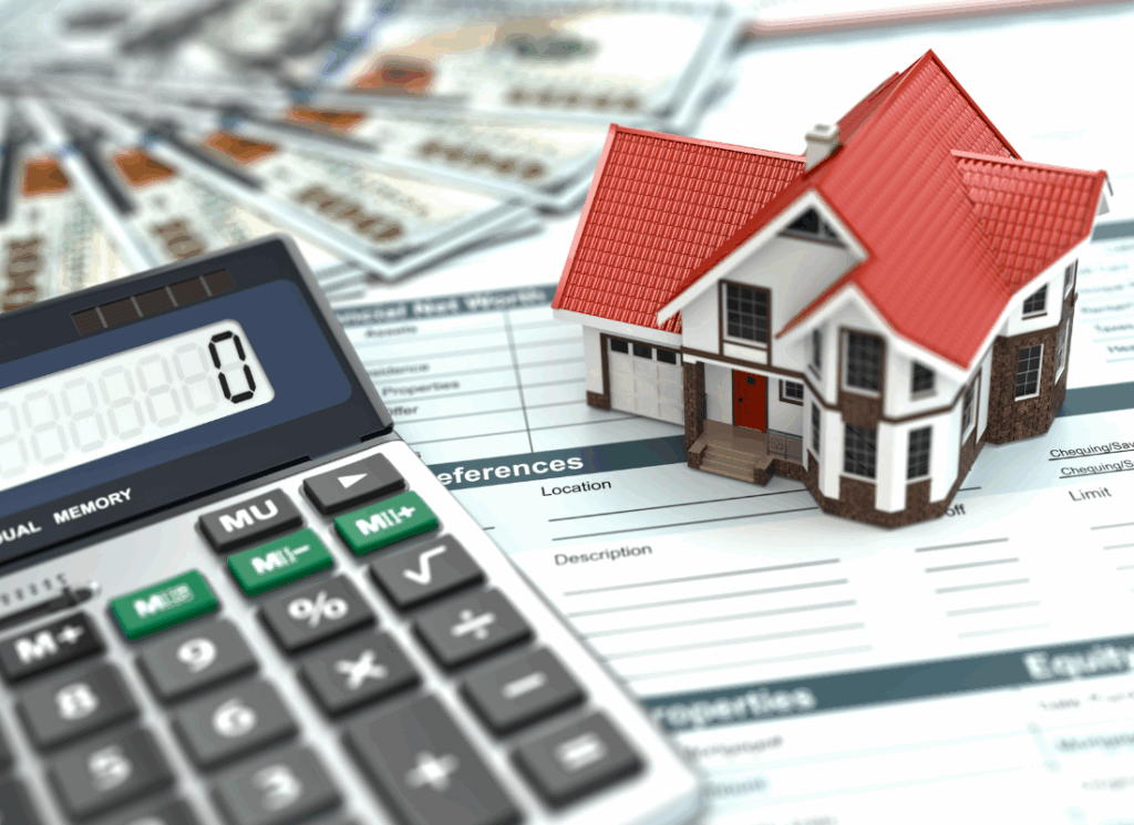 A calculator and model house rest on financial documents with hundred-dollar bills in the background, illustrating strategies around mortgage and auto loan interest deductions.