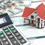 A calculator and model house rest on financial documents with hundred-dollar bills in the background, illustrating strategies around mortgage and auto loan interest deductions.