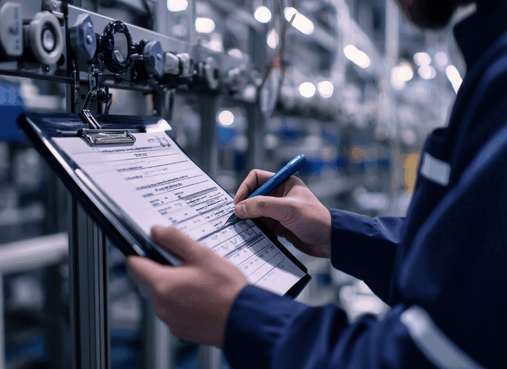 A person in a manufacturing facility holds a clipboard and fills out a form during an inspection, illustrating Manufacturing Process Improvement through operational documentation.