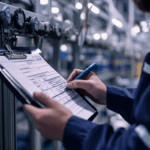 A person in a manufacturing facility holds a clipboard and fills out a form during an inspection, illustrating Manufacturing Process Improvement through operational documentation.