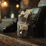 A tip jar filled with coins and cash on a counter, symbolizing OBBBA tips and overtime under the One Big Beautiful Bill Act.