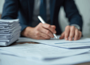 A nonprofit accountant writes on paperwork at a desk stacked with documents, representing preparation steps outlined in a nonprofit audit checklist.