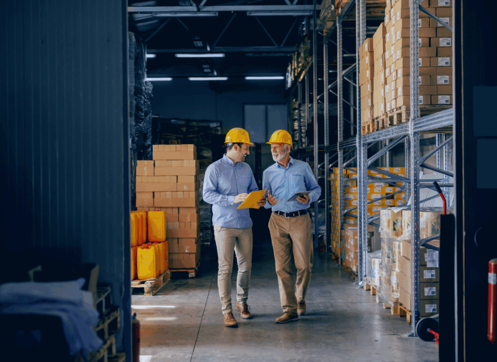 Two workers in a warehouse wearing hard hats discuss documents while walking between shelves stocked with boxes—representing manufacturing company growth and operational planning.