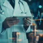 A healthcare professional in a white lab coat uses a tablet in front of stacked coins and financial data charts, symbolizing RCM in healthcare.